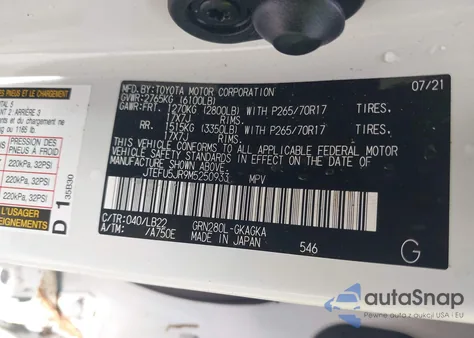 2021 Toyota 4Runner Sr5 Premium из США, поврежденный, VIN JTEFU5JR9M5250933